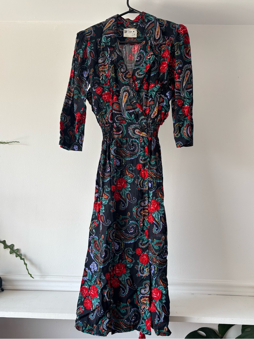 Black Floral Paisley Wrap Midi Dress with Red Roses